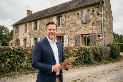 Agent immobilier devant une ancienne maison en pierre avec une isolation thermique défaillante visible sur la façade