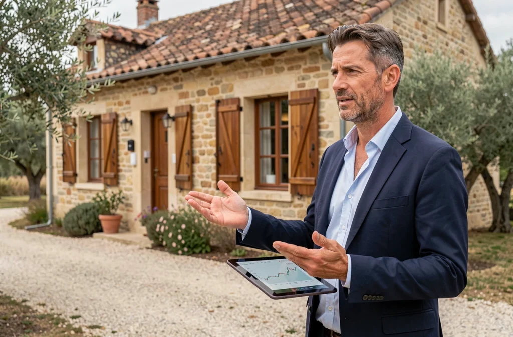 Agent immobilier présentant une maison de campagne dans le contexte de la nouvelle fiscalité sur les résidences secondaires