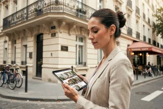 Agente immobilière devant un immeuble haussmannien parisien tenant une tablette avec des annonces de location saisonnière