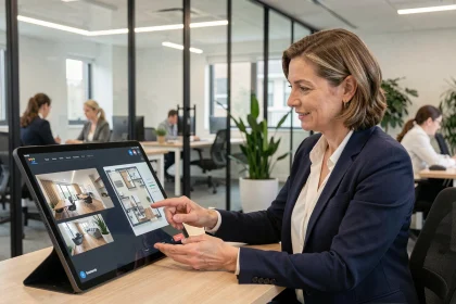 Agente immobilière utilisant une tablette tactile pour présenter une visite virtuelle 3D à son bureau dans une agence moderne