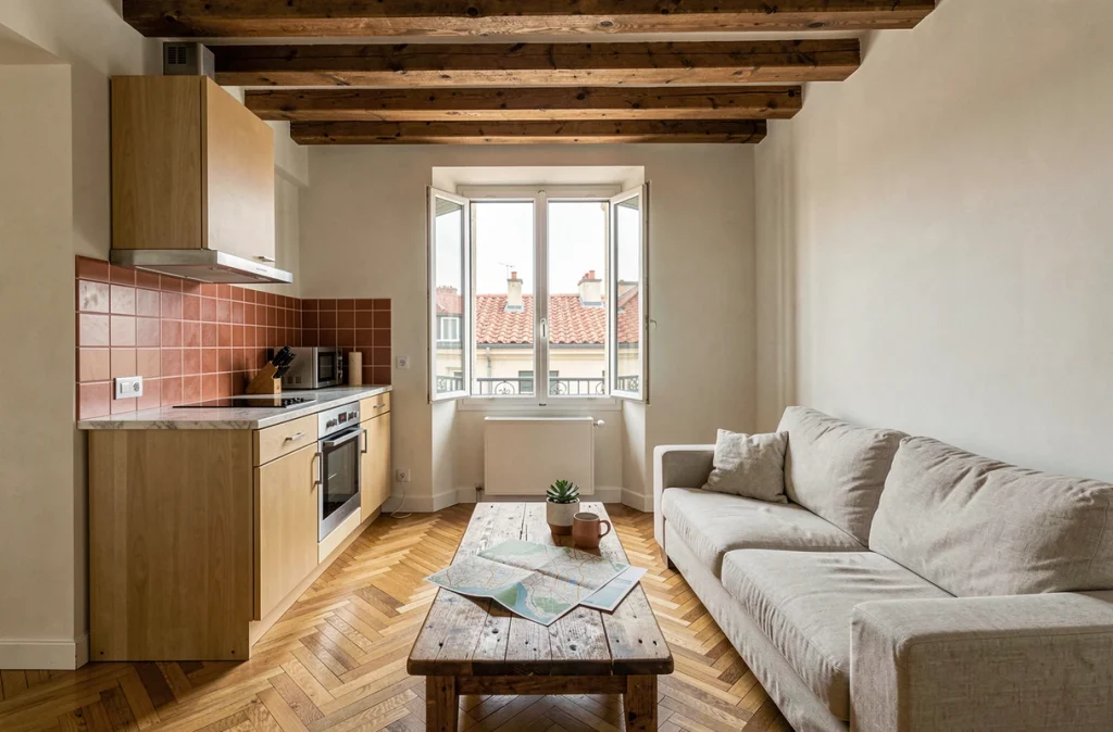 Intérieur d'un appartement meublé en location saisonnière à Lyon avec parquet en chevrons et poutres apparentes