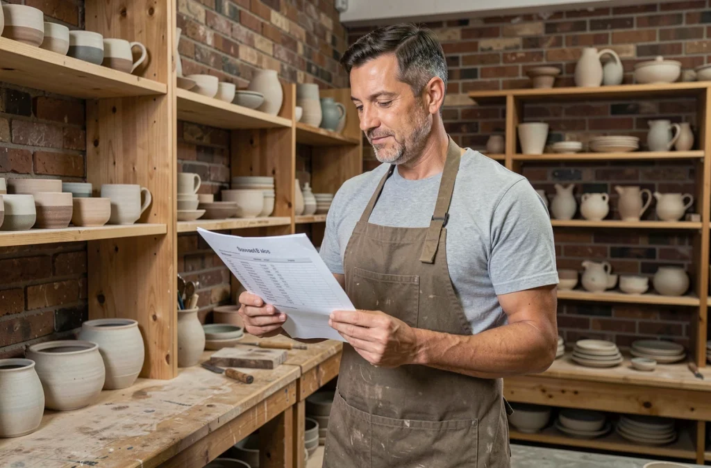 Artisan céramiste dans son atelier consultant un budget pour financer son projet grâce au microcrédit