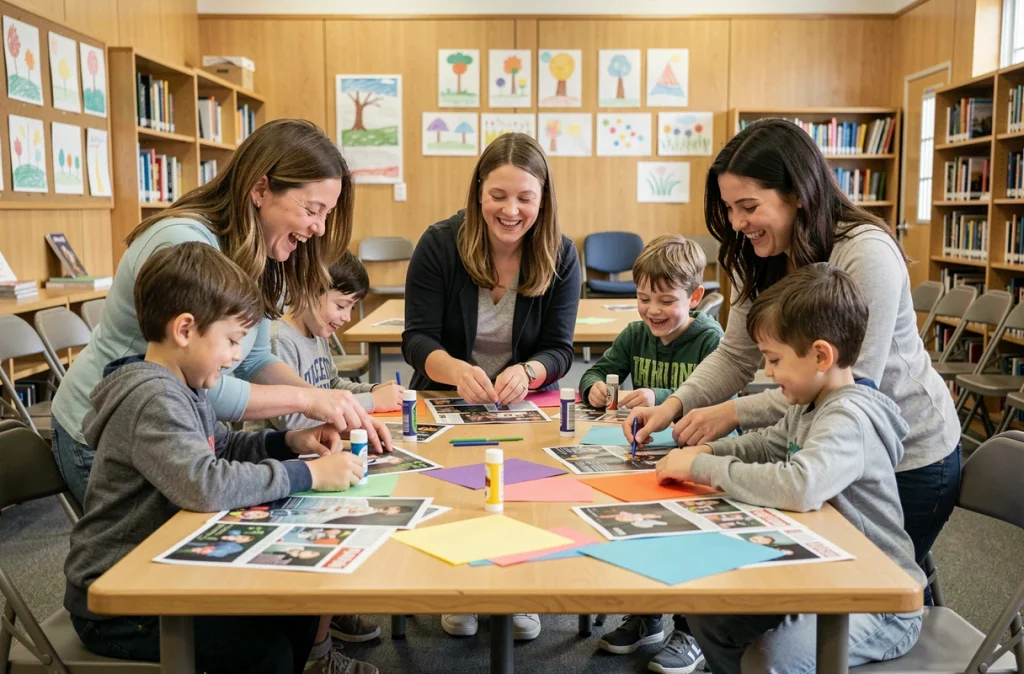 Parents et enfants réalisant un atelier de collage collectif dans une bibliothèque municipale