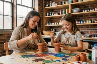 Mère et fille peignant des pots en terre cuite ensemble dans un atelier créatif communautaire