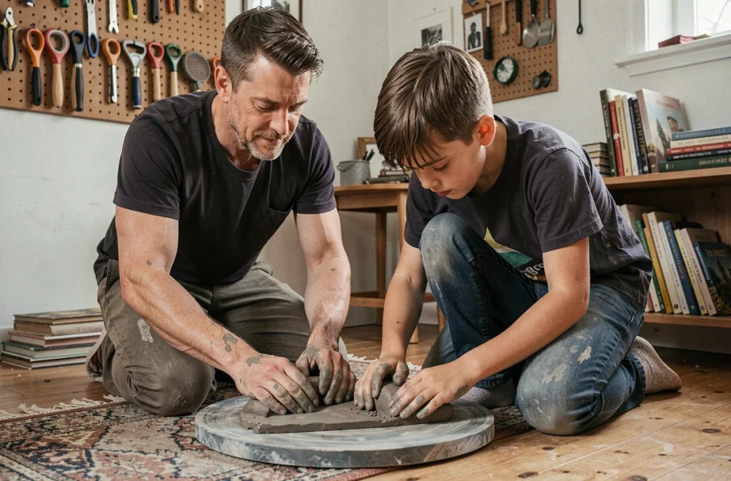 Père et fils modelant de l'argile ensemble dans un atelier créatif à la maison