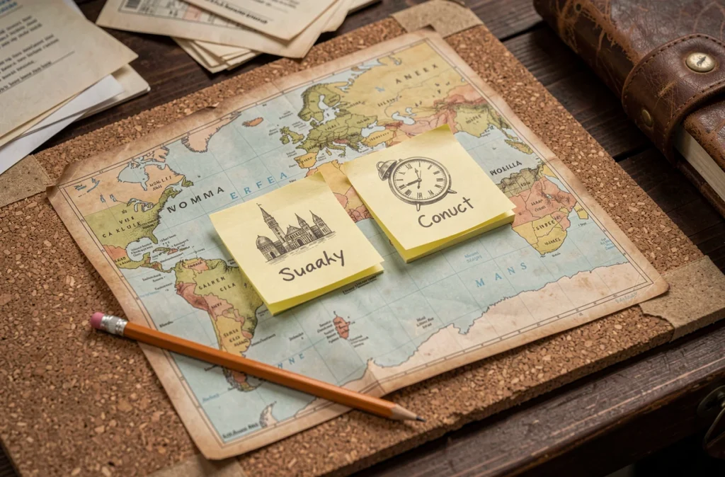 Carte du monde avec notes manuscrites sur les fuseaux horaires entre la Guadeloupe et l'Europe épinglées sur un tableau en liège