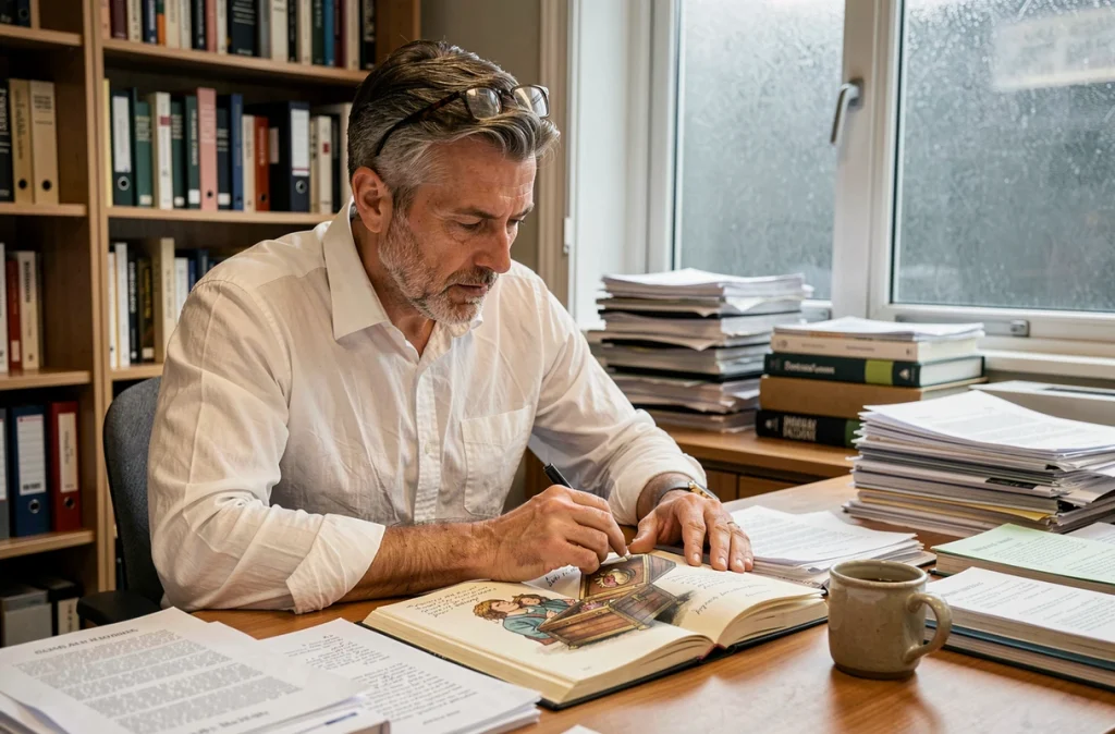 Chercheur universitaire analysant des manuscrits illustrant le mythe de Pandore dans un bureau académique encombré