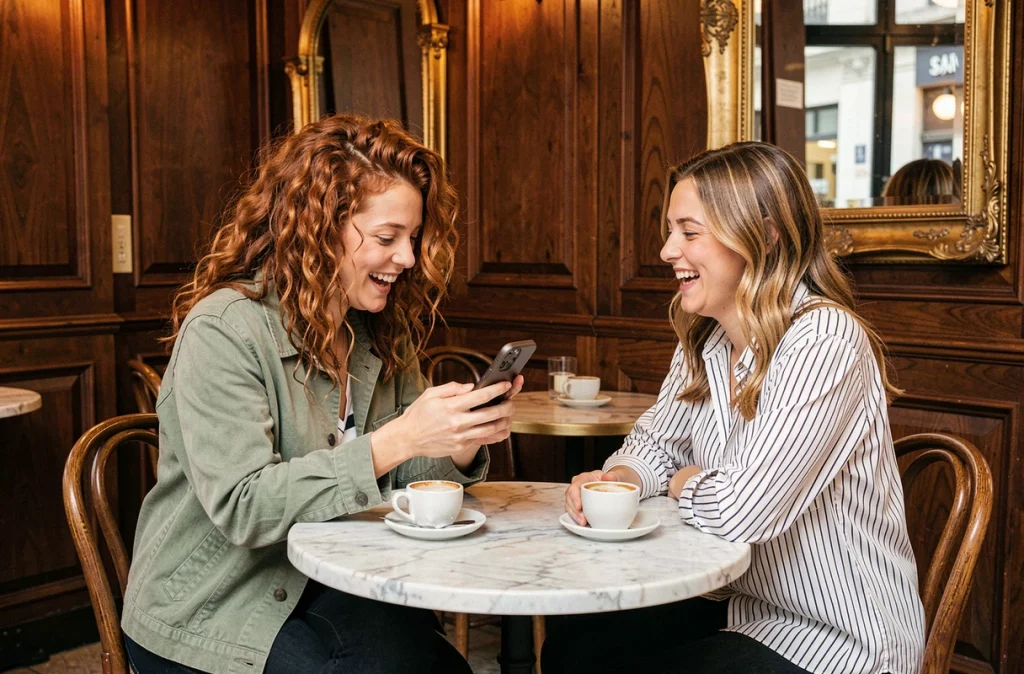 Deux amies riant ensemble dans un café parisien en partageant une citation inspirante sur Instagram