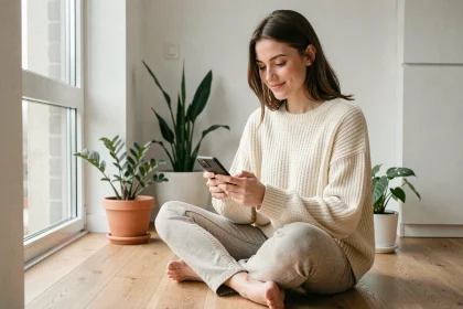 Jeune femme en pull crème tapant une légende inspirante sur Instagram dans un appartement scandinave lumineux