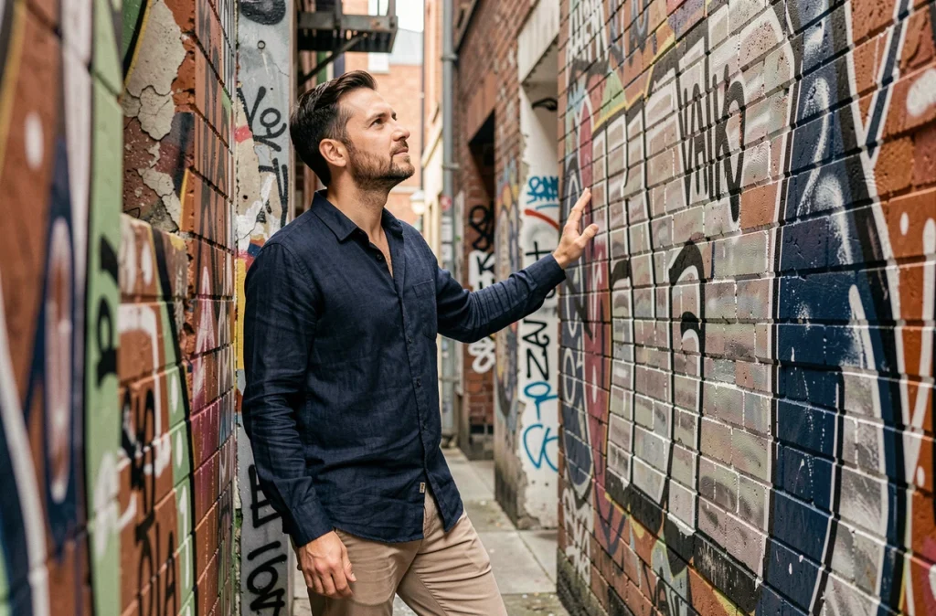 Homme pensif devant un mur de graffitis urbains cherchant l'inspiration pour une citation Instagram stylée
