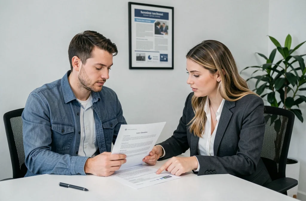 Conseiller financier et client examinant ensemble un contrat de microcrédit personnel dans un bureau