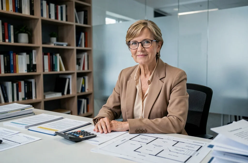Conseillère financière analysant la fiscalité immobilière liée aux résidences secondaires dans un bureau professionnel