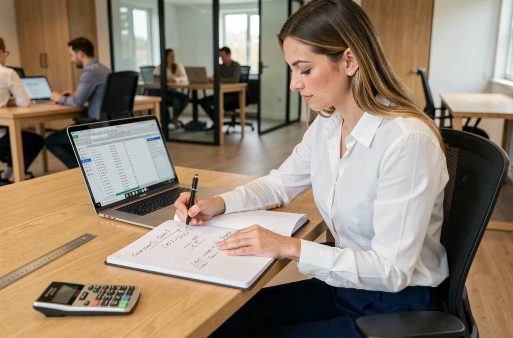 Femme professionnelle écrivant des formules de conversion mètres carrés en hectares dans un carnet de bureau moderne