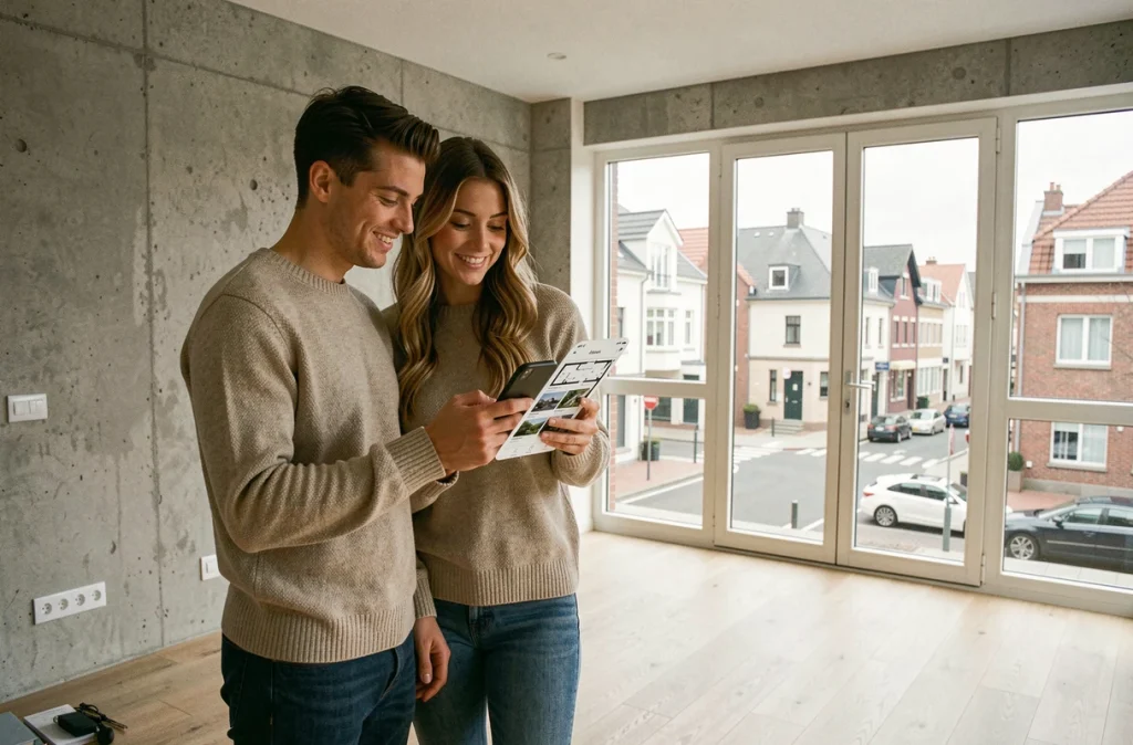 Couple de jeunes acheteurs consultant une application immobilière sur smartphone dans un appartement rénové lors d'une visite