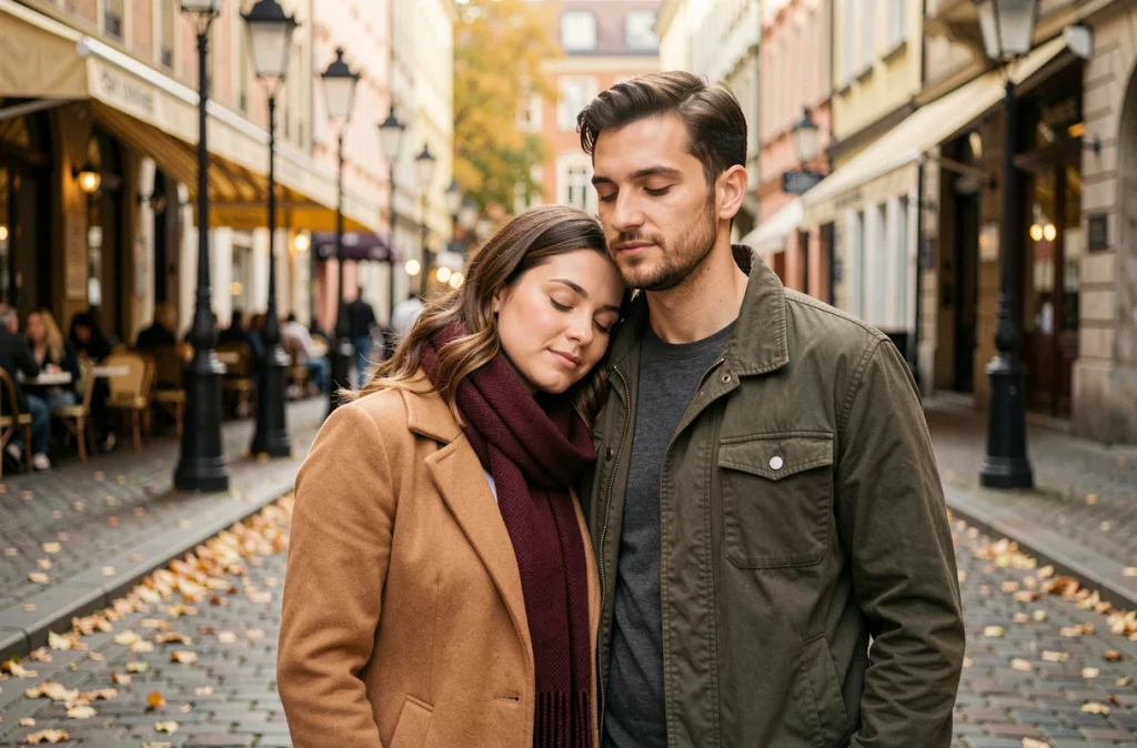 Couple amoureux enlacé sur une rue pavée européenne en automne, proverbe sur l'amour et la femme illustré