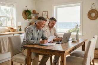 Couple étudiant des documents fiscaux pour l'achat d'une résidence secondaire en bord de mer