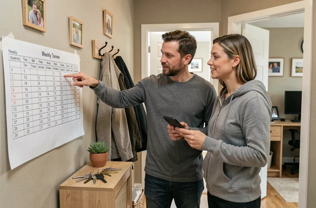 Couple organisant ensemble les plannings familiaux et professionnels en mode télétravail dans leur couloir