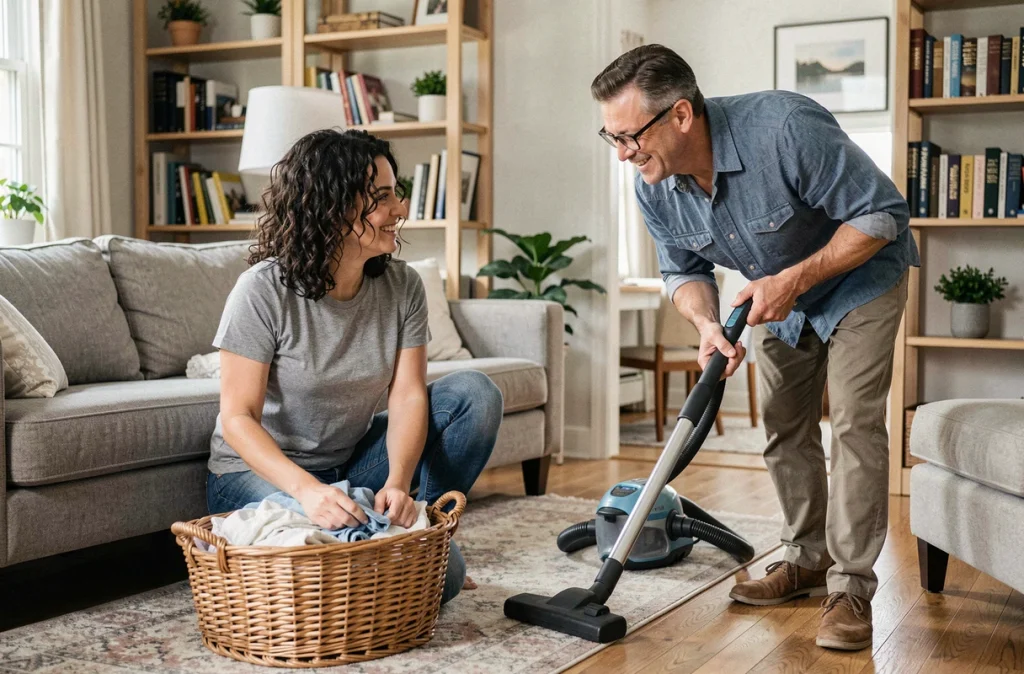 Couple adulte partageant les corvées ménagères dans un salon chaleureux, femme pliant le linge et homme passant l'aspirateur