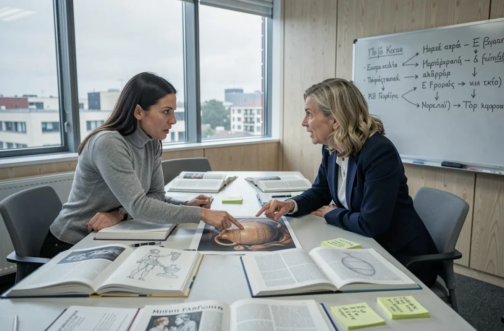 Deux femmes en débat académique autour de l'interprétation du mythe de la boîte de Pandore dans une salle de séminaire moderne