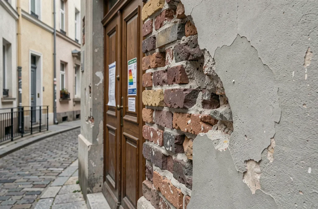 Détail d'un mur extérieur d'une maison ancienne avec étiquette de diagnostic énergétique DPE sur la porte d'entrée