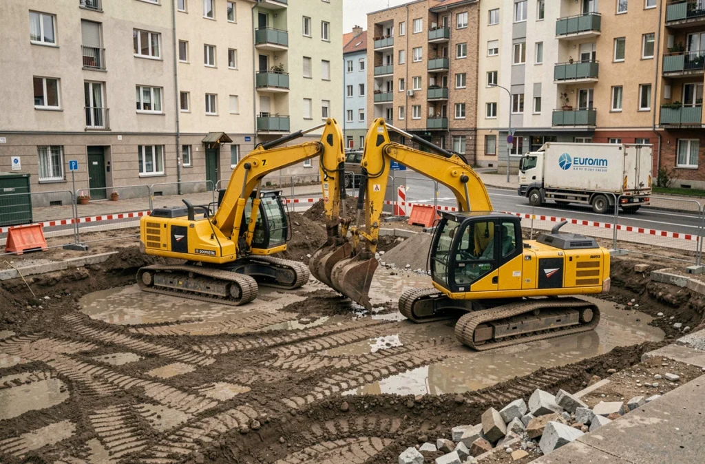 Deux pelles mécaniques électriques travaillant ensemble sur un chantier de tranchée urbaine sans émissions de gaz d'échappement