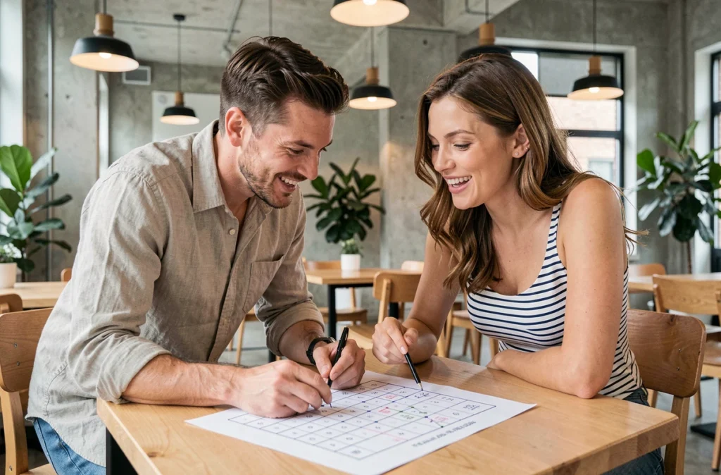 Deux adultes collaborant sur une grille d'énigmes logiques dans un café moderne et lumineux