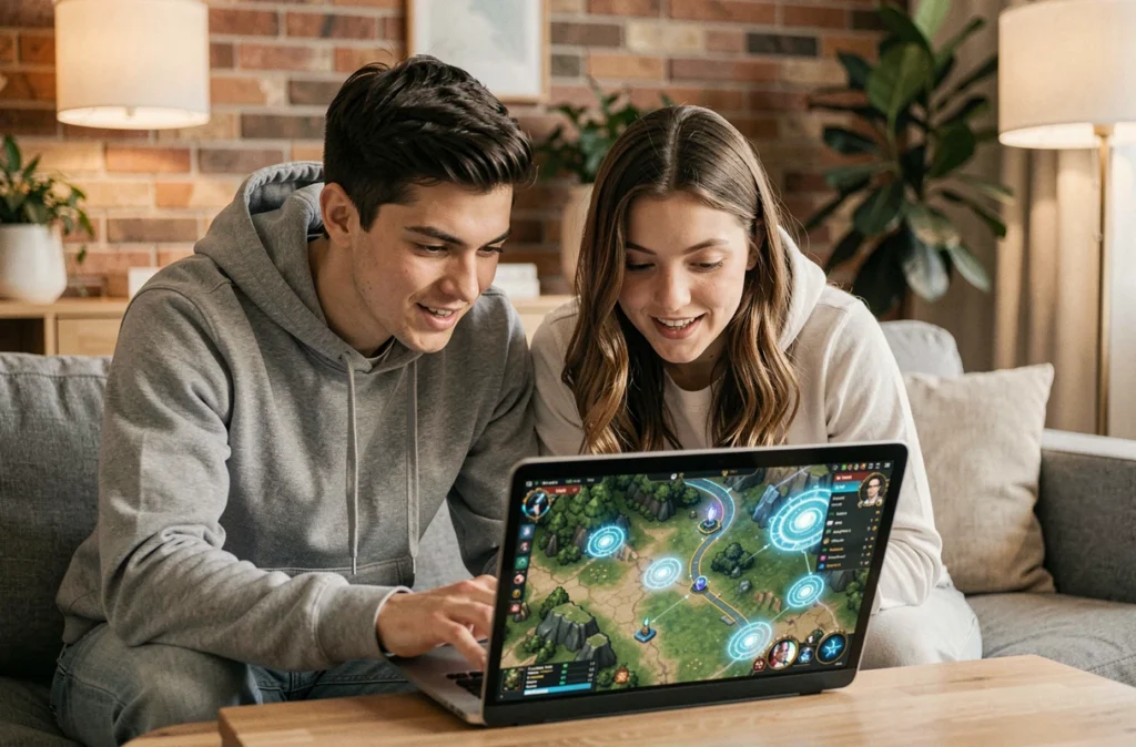Deux jeunes adultes jouant ensemble à un jeu de rôle en ligne sur un canapé, étudiant la carte d'un portail de jeu fantasy