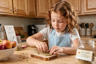 Jeune fille préparant une tartine sans gluten avec du beurre de graines de tournesol dans une cuisine familiale chaleureuse