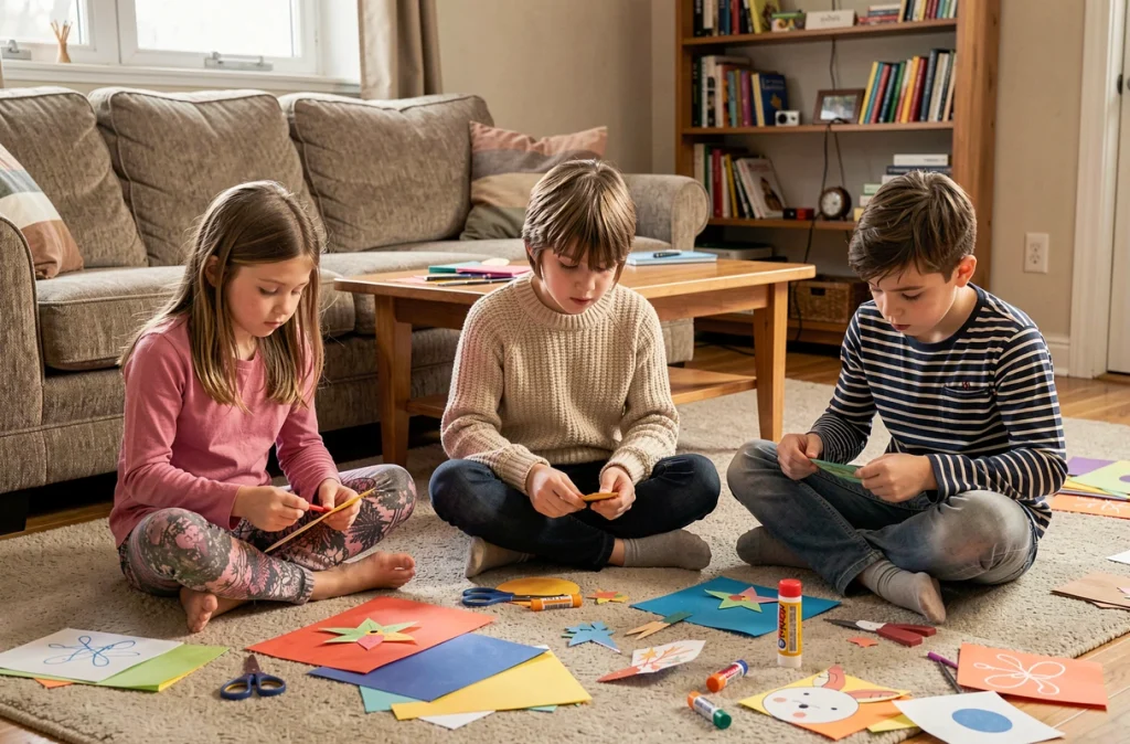 Trois enfants faisant des activités manuelles créatives ensemble à la maison pendant les vacances scolaires