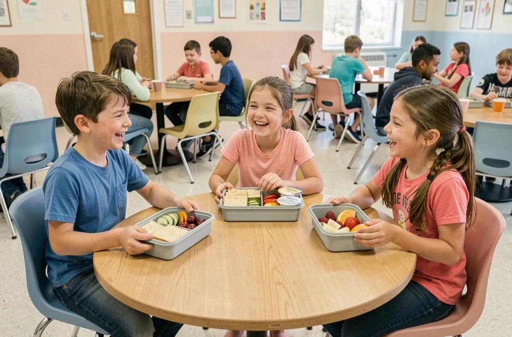 Trois enfants à la cantine scolaire avec des repas adaptés à différentes allergies alimentaires