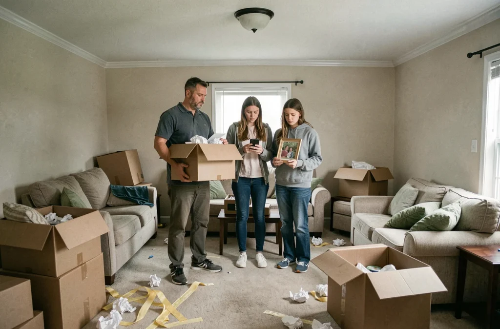 Famille épuisée entourée de cartons dans un salon en cours d'installation après un déménagement