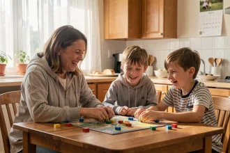 Mère et deux enfants jouant à un jeu de société à la table de cuisine pendant les vacances scolaires