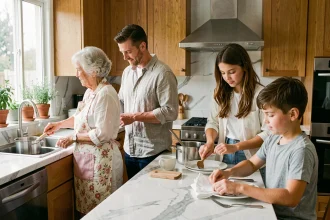 Famille multigénérationnelle partageant les tâches ménagères dans une cuisine moderne, chaque membre accomplissant une activité différente