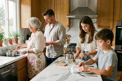 Famille multigénérationnelle partageant les tâches ménagères dans une cuisine moderne, chaque membre accomplissant une activité différente