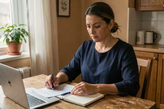 Femme consultant des documents financiers à une table en bois pour préparer un projet de microcrédit personnel
