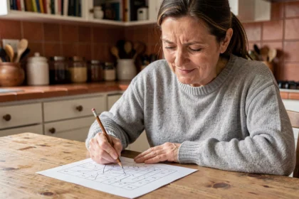 Femme concentrée résolvant une énigme logique difficile à une table en bois dans une cuisine chaleureuse
