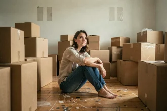 Femme épuisée assise parmi des cartons dans un appartement vide lors d'un déménagement