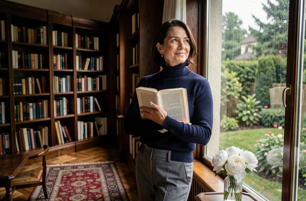 Femme élégante tenant un livre de poésie près d'une fenêtre pluvieuse dans une bibliothèque raffinée, message d'amour inspirant