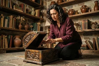 Femme ouvrant une boîte ancienne ornée dans un cabinet de curiosités Renaissance, évoquant le mythe de la boîte de Pandore