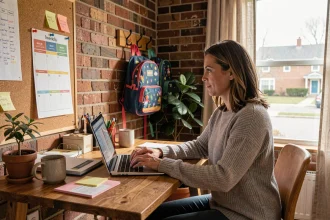 Femme en télétravail dans un espace domestique aménagé, combinant organisation familiale et travail à domicile