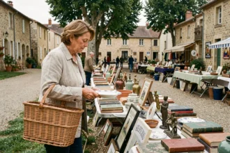 Femme examinant une poterie ancienne lors d'un vide grenier en Yvelines le matin