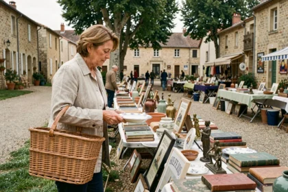 Femme examinant une poterie ancienne lors d'un vide grenier en Yvelines le matin