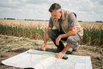 Géomètre professionnel annotant une carte topographique dans un champ agricole pour calculer des surfaces en hectares
