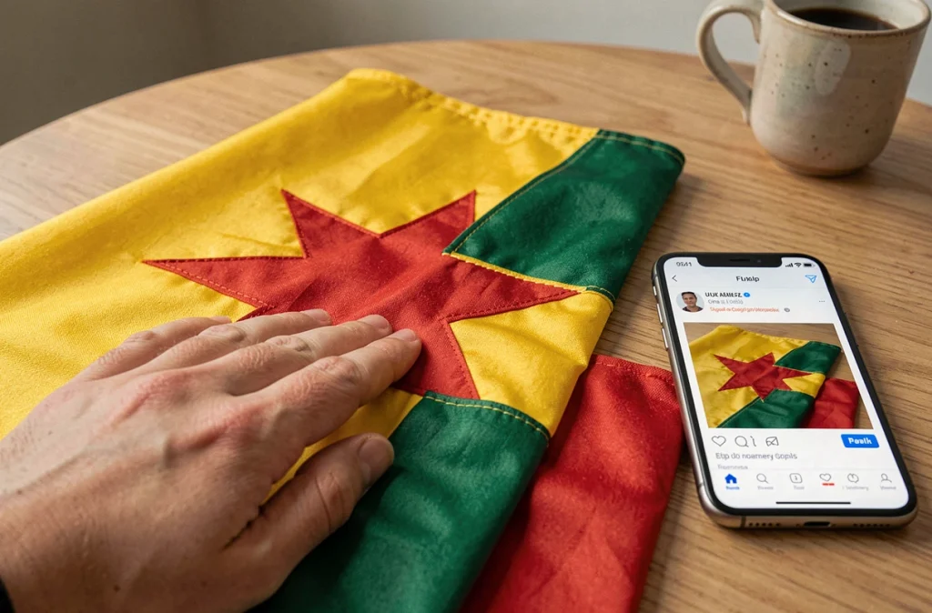 Gros plan de mains inspectant la qualité d'un drapeau jaune vert étoile rouge commandé en ligne