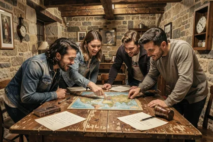 Groupe de joueurs concentrés autour d'une table d'énigmes dans une salle d'escape game à Lyon avec décor vintage et accessoires mystérieux