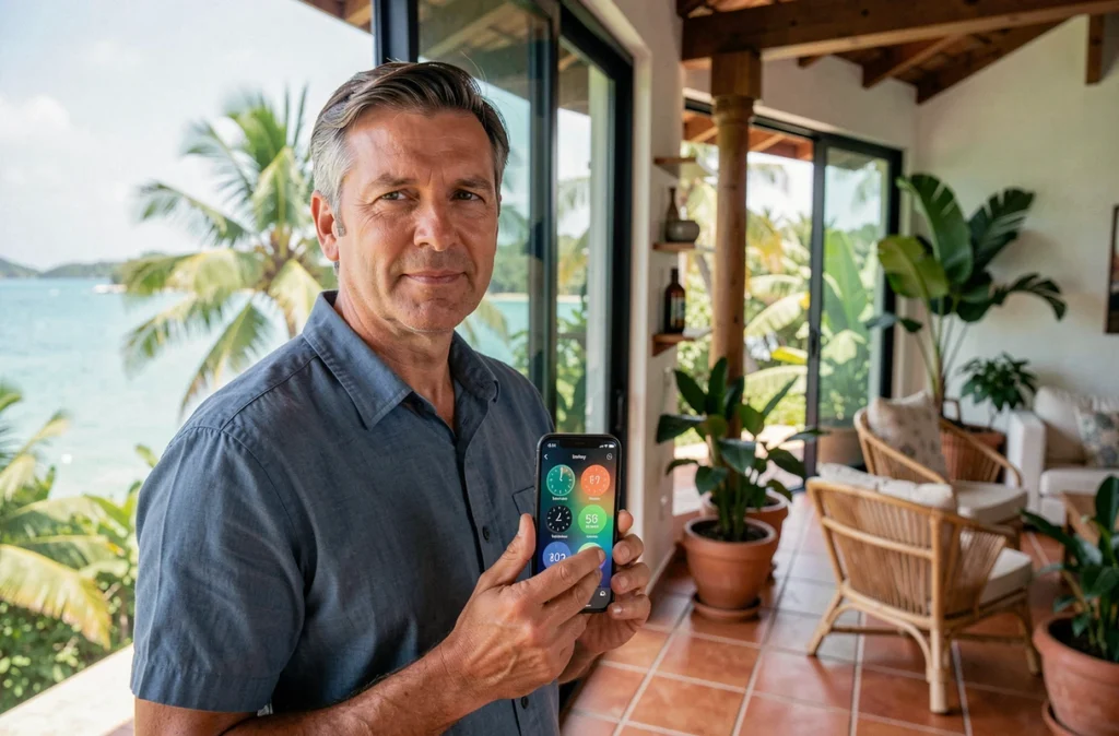 Homme en Guadeloupe consultant deux fuseaux horaires sur son smartphone avec vue sur la mer des Caraïbes