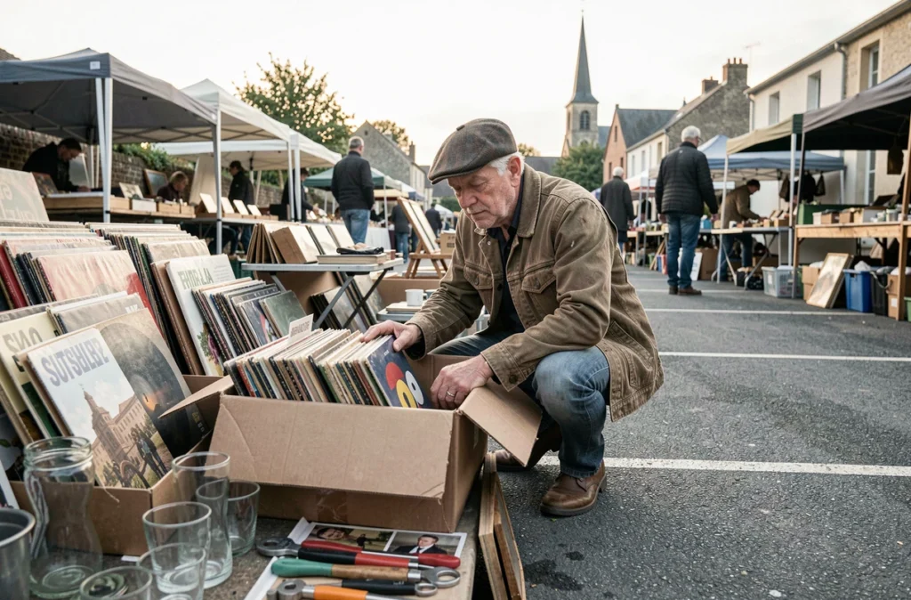 Homme cherchant des vinyles dans un carton à une brocante du 78 tôt le matin