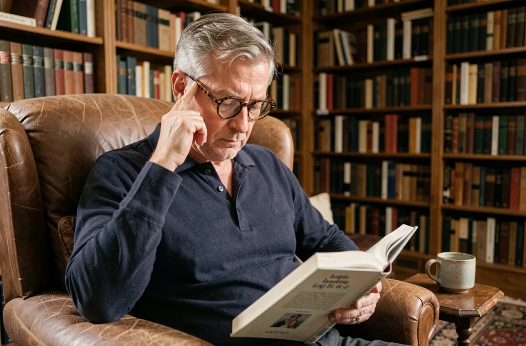 Homme âgé avec lunettes plongé dans un livre d'énigmes logiques dans une bibliothèque personnelle