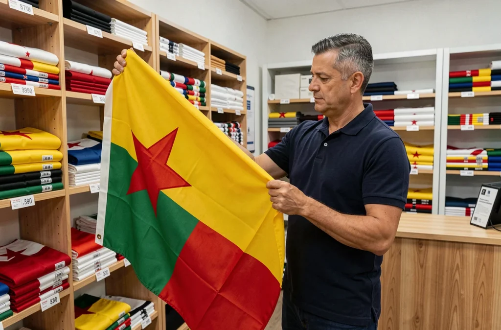 Homme inspectant un drapeau jaune vert étoile rouge dans une boutique de drapeaux