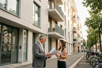 Investisseur immobilier et agent discutant devant une résidence étudiante neuve en ville